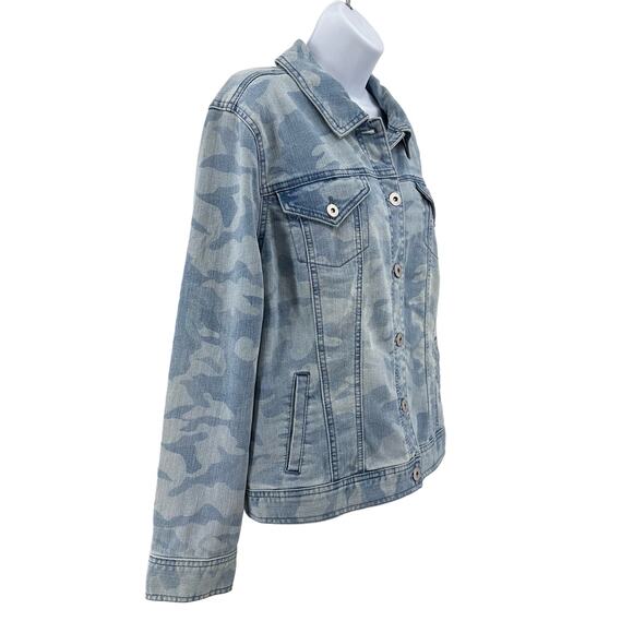 Style & Co Blue Denim Camo Jacket Womens Large Button Up Regular Fit Long Sleeve - Picture 4 of 10